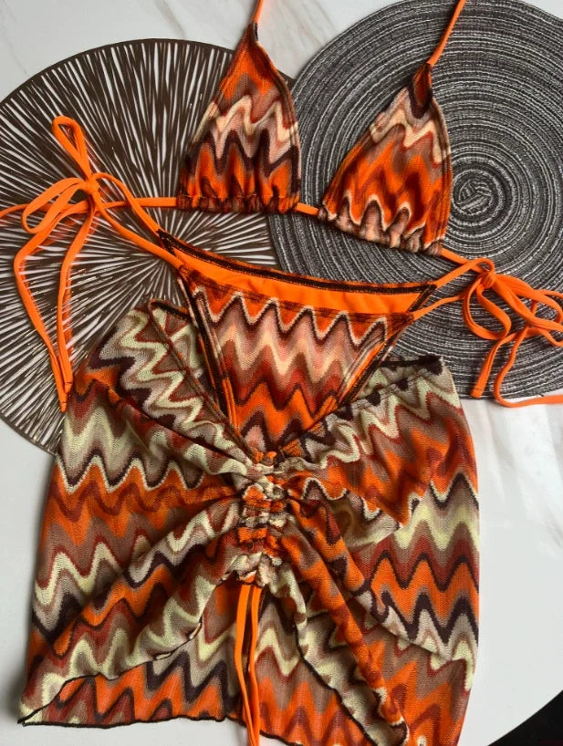 Maillot de bain femme, jupe bikini tricotée à motifs de feuilles d'érable colorées, ensemble trois pièces.