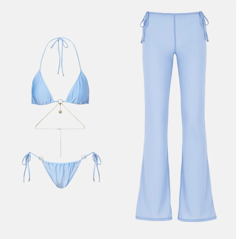 Ensemble bikini 3 pièces sexy avec paréo, bikini push-up échancré pour femme.