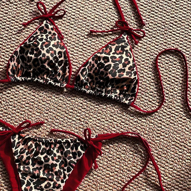 Maillot de bain bikini léopard sexy à bretelles push-up, ensemble bikini trois points, taille basse, maillot de bain d'été dos nu.