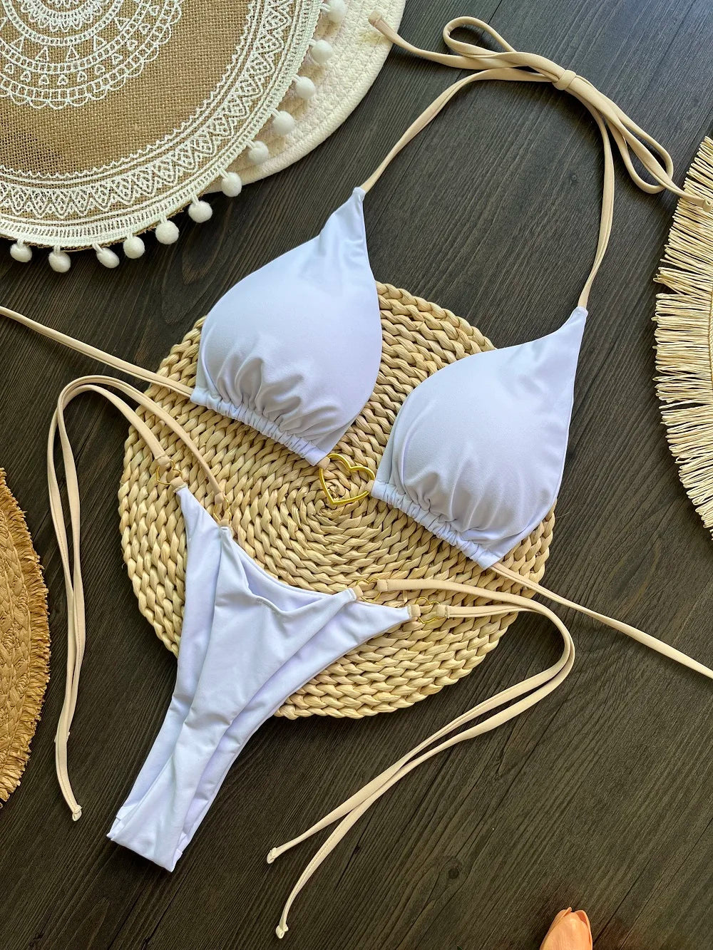 Ensemble bikini sexy dos nu couleur unie, maillot de bain deux pièces triangle string brésilien.