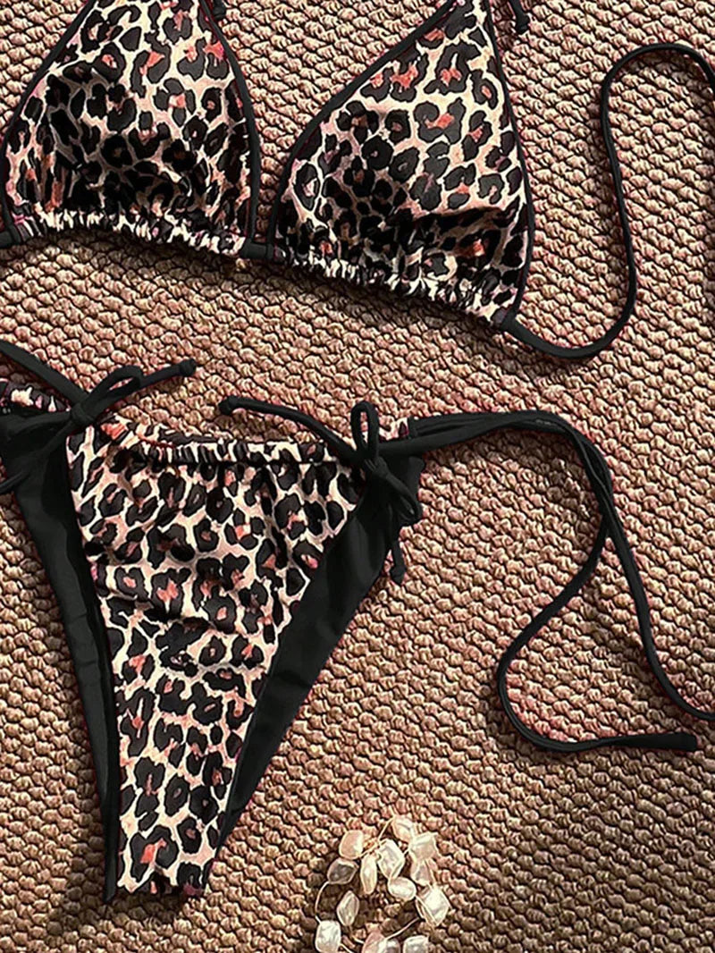 Maillot de bain bikini léopard sexy à bretelles push-up, ensemble bikini trois points, taille basse, maillot de bain d'été dos nu.