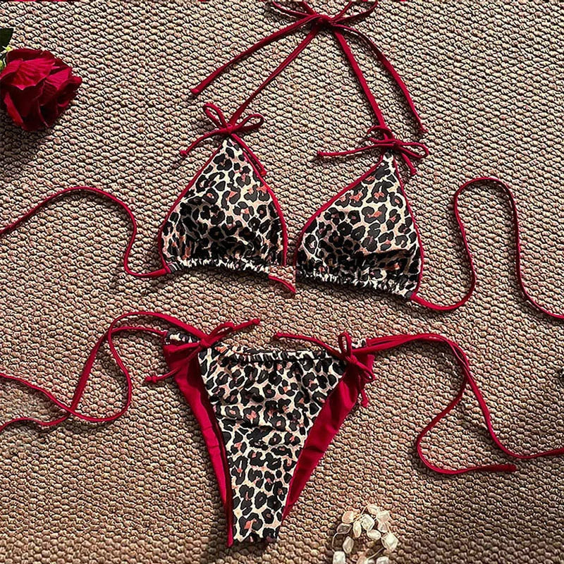 Maillot de bain bikini léopard sexy à bretelles push-up, ensemble bikini trois points, taille basse, maillot de bain d'été dos nu.
