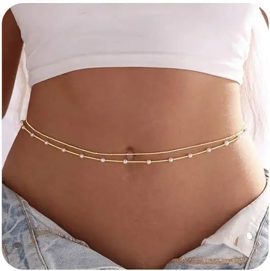 Chaînes de taille étanches pour femmes, plaquées or, en acier inoxydable, ornées de perles cubaines et de perles satellites. Bijou de corps pour ceinture abdominale.