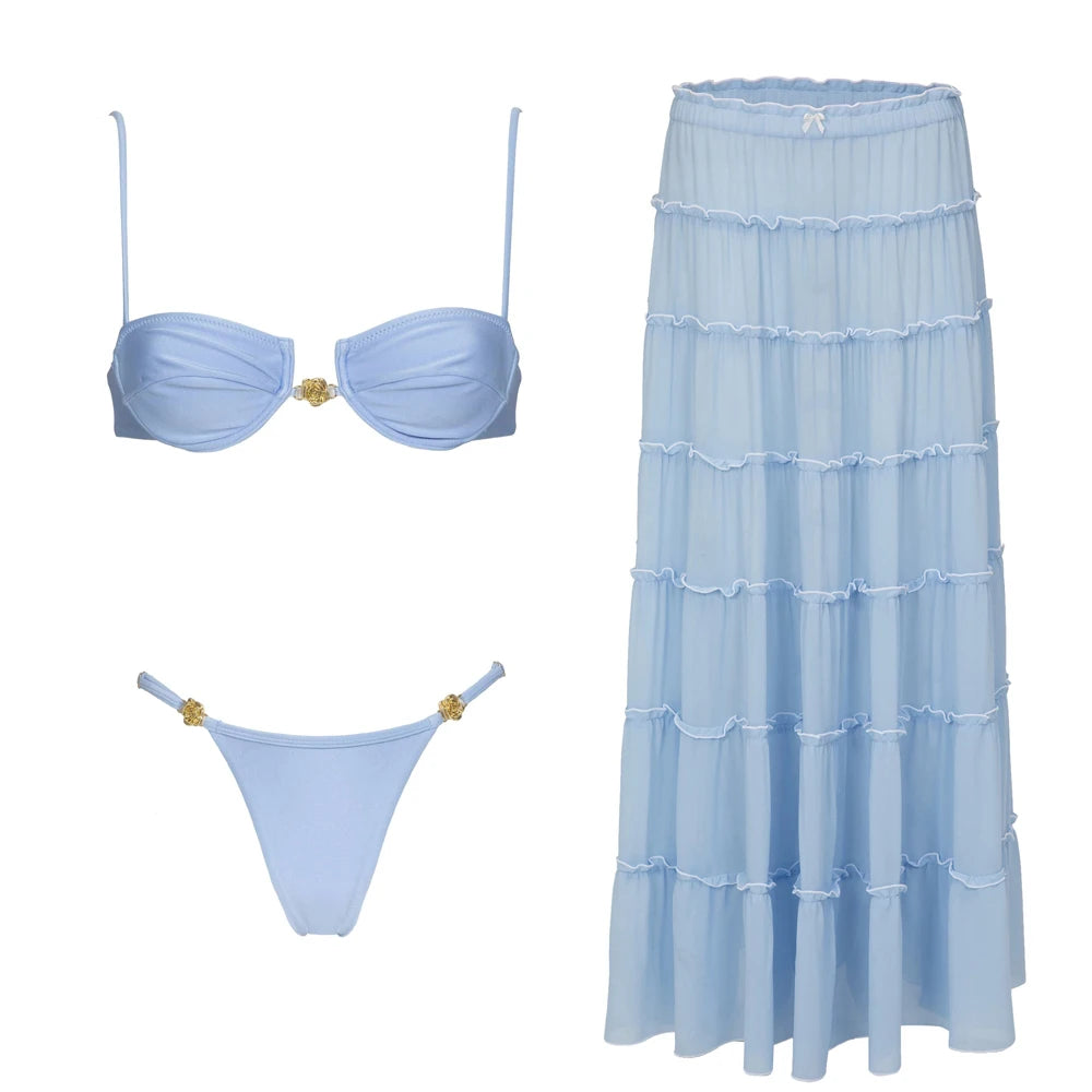 Ensemble bikini 3 pièces sexy avec paréo, bikini push-up échancré pour femme.