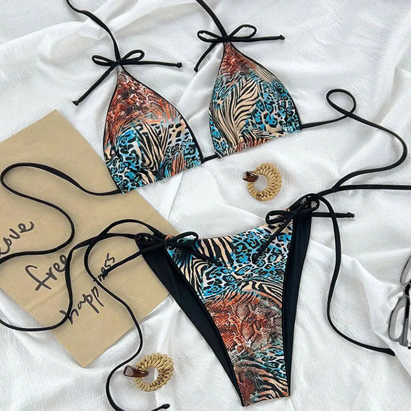 Maillot de bain bikini léopard sexy à bretelles push-up, ensemble bikini trois points, taille basse, maillot de bain d'été dos nu.