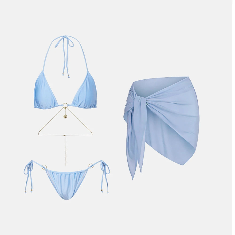 Ensemble bikini 3 pièces sexy avec paréo, bikini push-up échancré pour femme.