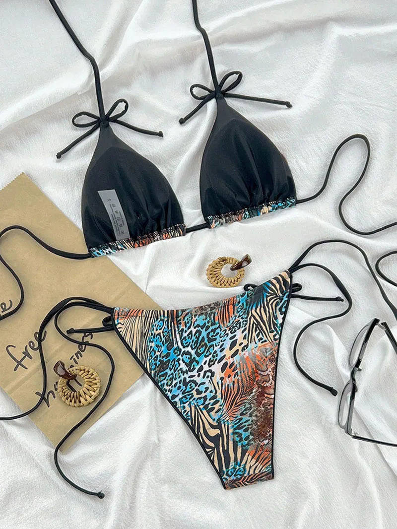 Maillot de bain bikini léopard sexy à bretelles push-up, ensemble bikini trois points, taille basse, maillot de bain d'été dos nu.