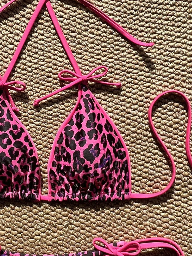 Maillot de bain bikini léopard sexy à bretelles push-up, ensemble bikini trois points, taille basse, maillot de bain d'été dos nu.