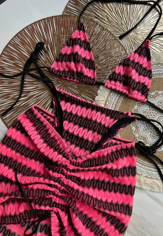 Maillot de bain femme, jupe bikini tricotée à motifs de feuilles d'érable colorées, ensemble trois pièces.