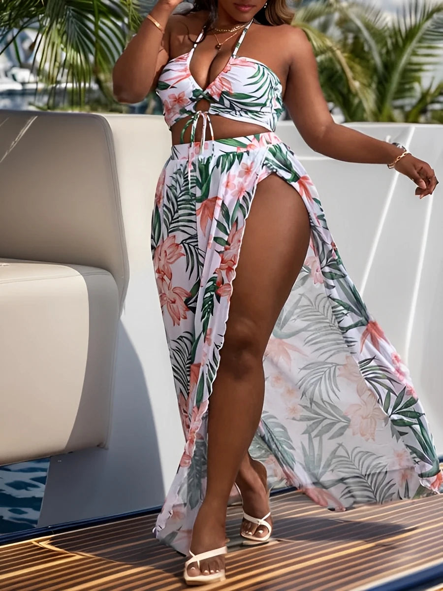 Bikini dos nu grande 2026, jupe longue, maillot de bain 3 pièces taille haute pour femme.