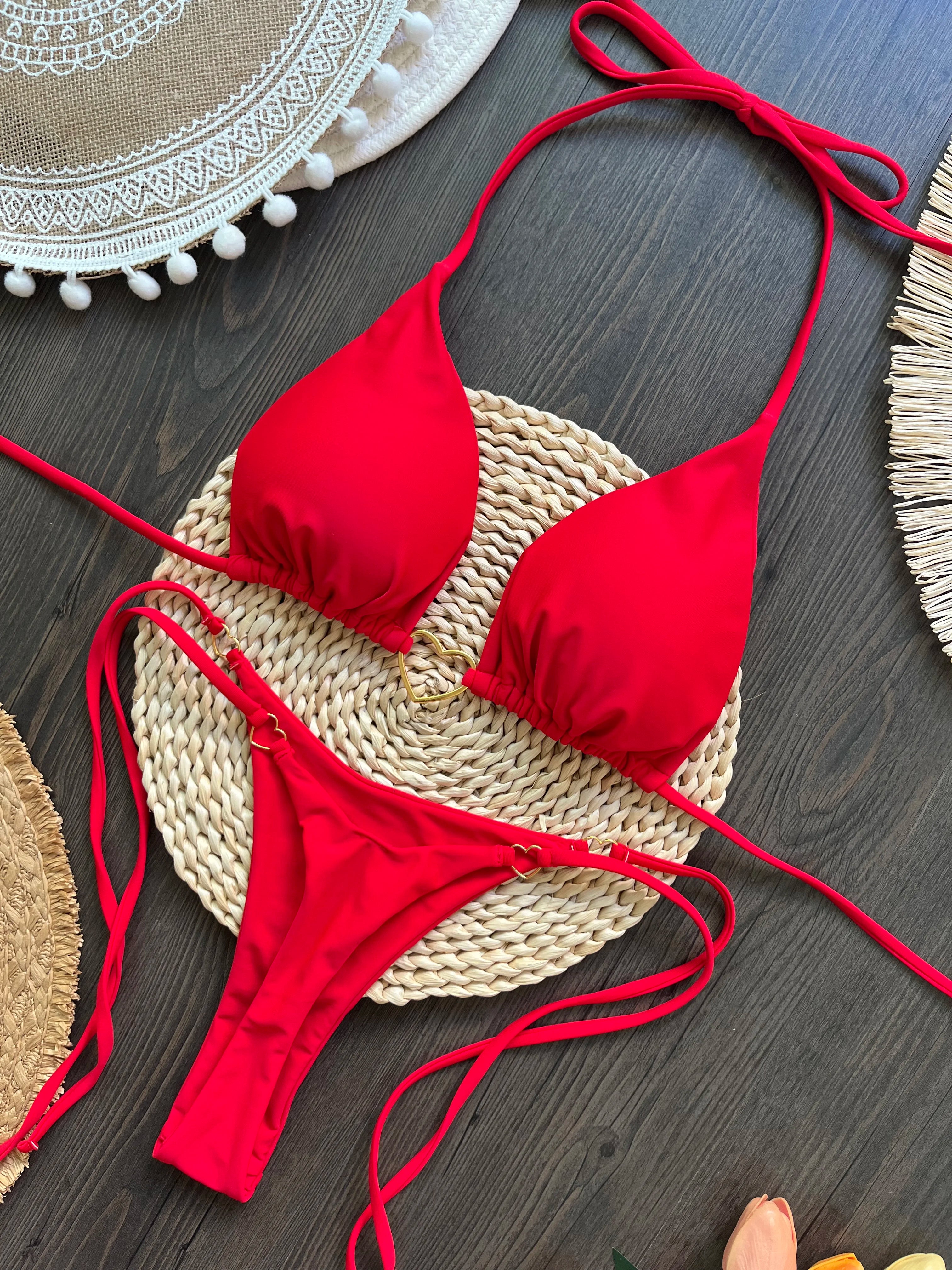 Ensemble bikini sexy dos nu couleur unie, maillot de bain deux pièces triangle string brésilien.