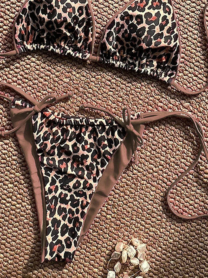 Maillot de bain bikini léopard sexy à bretelles push-up, ensemble bikini trois points, taille basse, maillot de bain d'été dos nu.