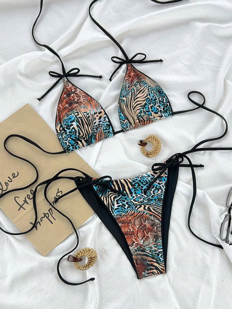 Maillot de bain bikini léopard sexy à bretelles push-up, ensemble bikini trois points, taille basse, maillot de bain d'été dos nu.