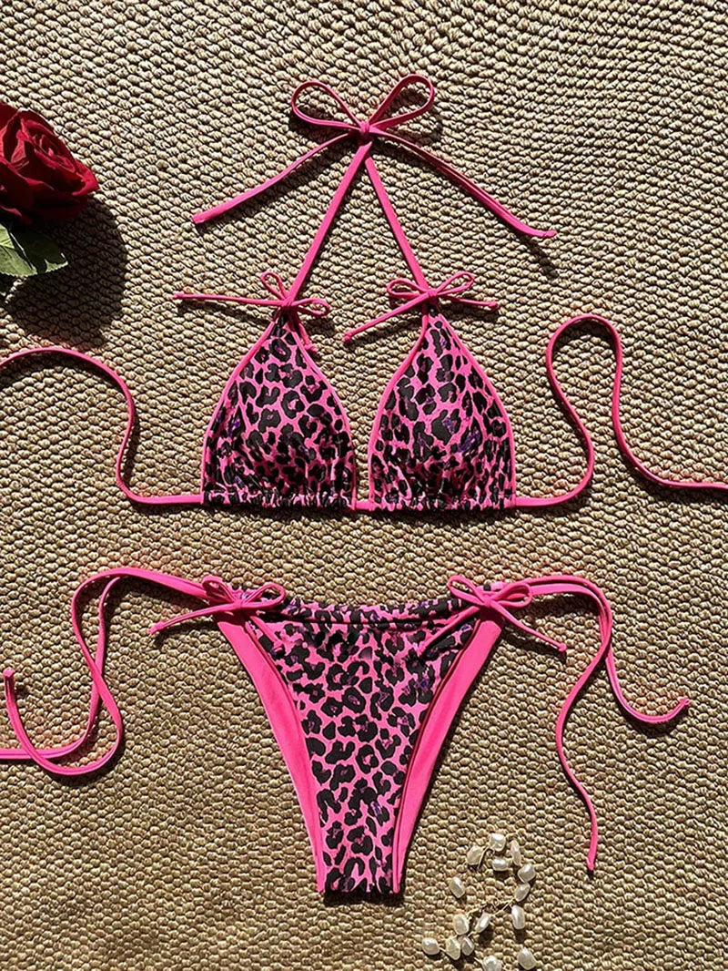 Maillot de bain bikini léopard sexy à bretelles push-up, ensemble bikini trois points, taille basse, maillot de bain d'été dos nu.