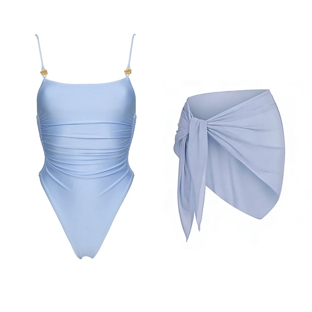 Ensemble bikini 3 pièces sexy avec paréo, bikini push-up échancré pour femme.