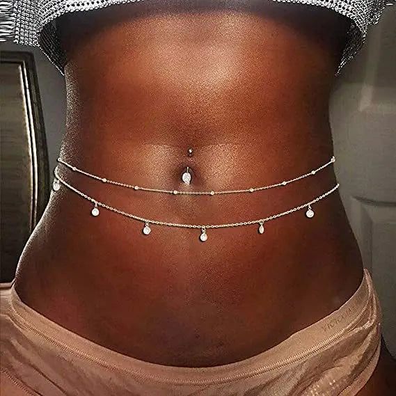 Chaînes de taille étanches pour femmes, plaquées or, en acier inoxydable, ornées de perles cubaines et de perles satellites. Bijou de corps pour ceinture abdominale.
