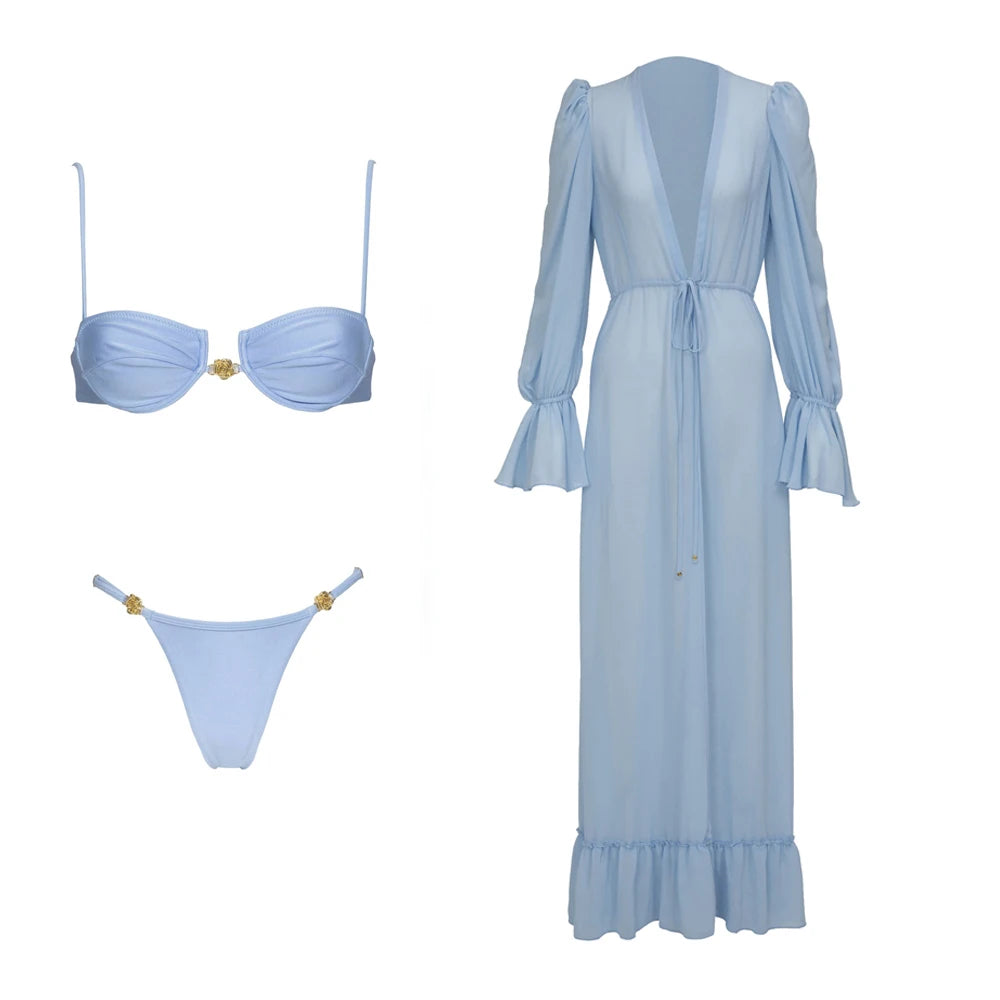Ensemble bikini 3 pièces sexy avec paréo, bikini push-up échancré pour femme.