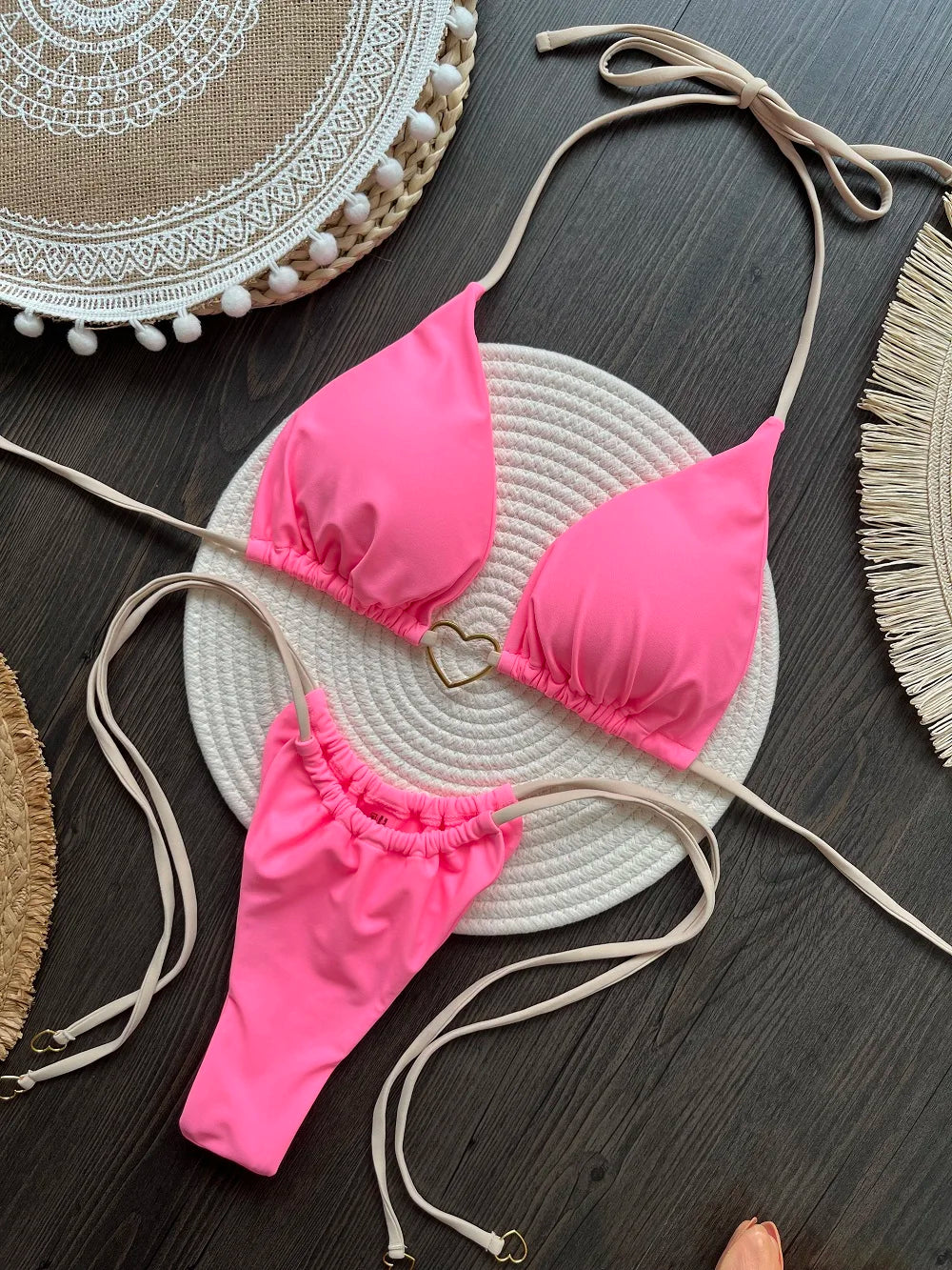Ensemble bikini sexy dos nu couleur unie, maillot de bain deux pièces triangle string brésilien.