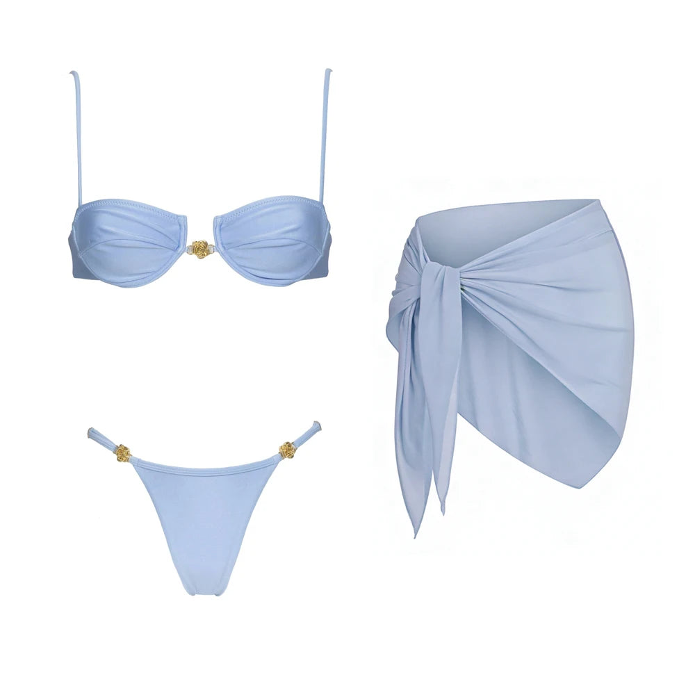 Ensemble bikini 3 pièces sexy avec paréo, bikini push-up échancré pour femme.