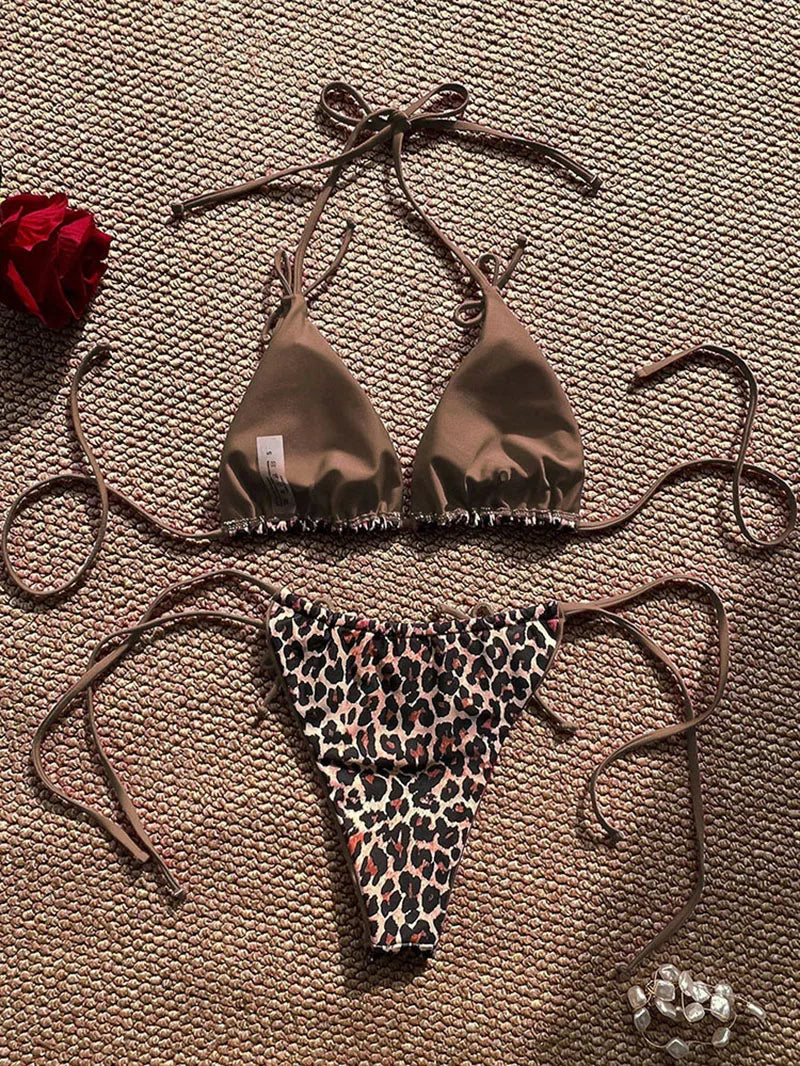 Maillot de bain bikini léopard sexy à bretelles push-up, ensemble bikini trois points, taille basse, maillot de bain d'été dos nu.