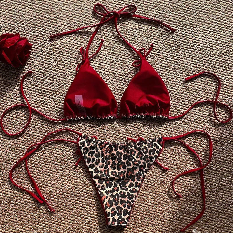 Maillot de bain bikini léopard sexy à bretelles push-up, ensemble bikini trois points, taille basse, maillot de bain d'été dos nu.