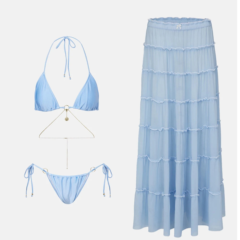 Ensemble bikini 3 pièces sexy avec paréo, bikini push-up échancré pour femme.