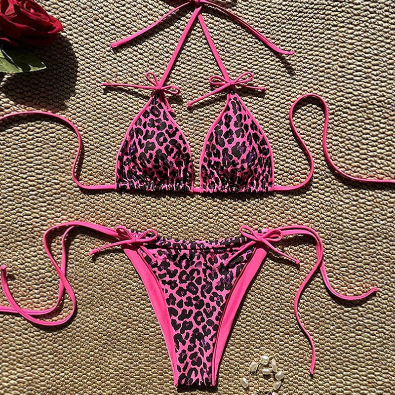 Maillot de bain bikini léopard sexy à bretelles push-up, ensemble bikini trois points, taille basse, maillot de bain d'été dos nu.
