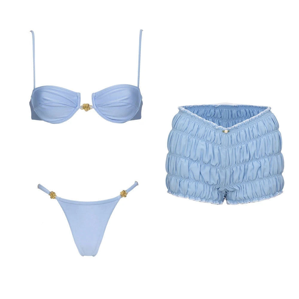 Ensemble bikini 3 pièces sexy avec paréo, bikini push-up échancré pour femme.