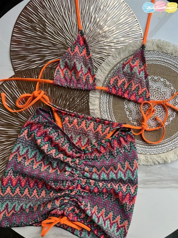 Maillot de bain femme, jupe bikini tricotée à motifs de feuilles d'érable colorées, ensemble trois pièces.