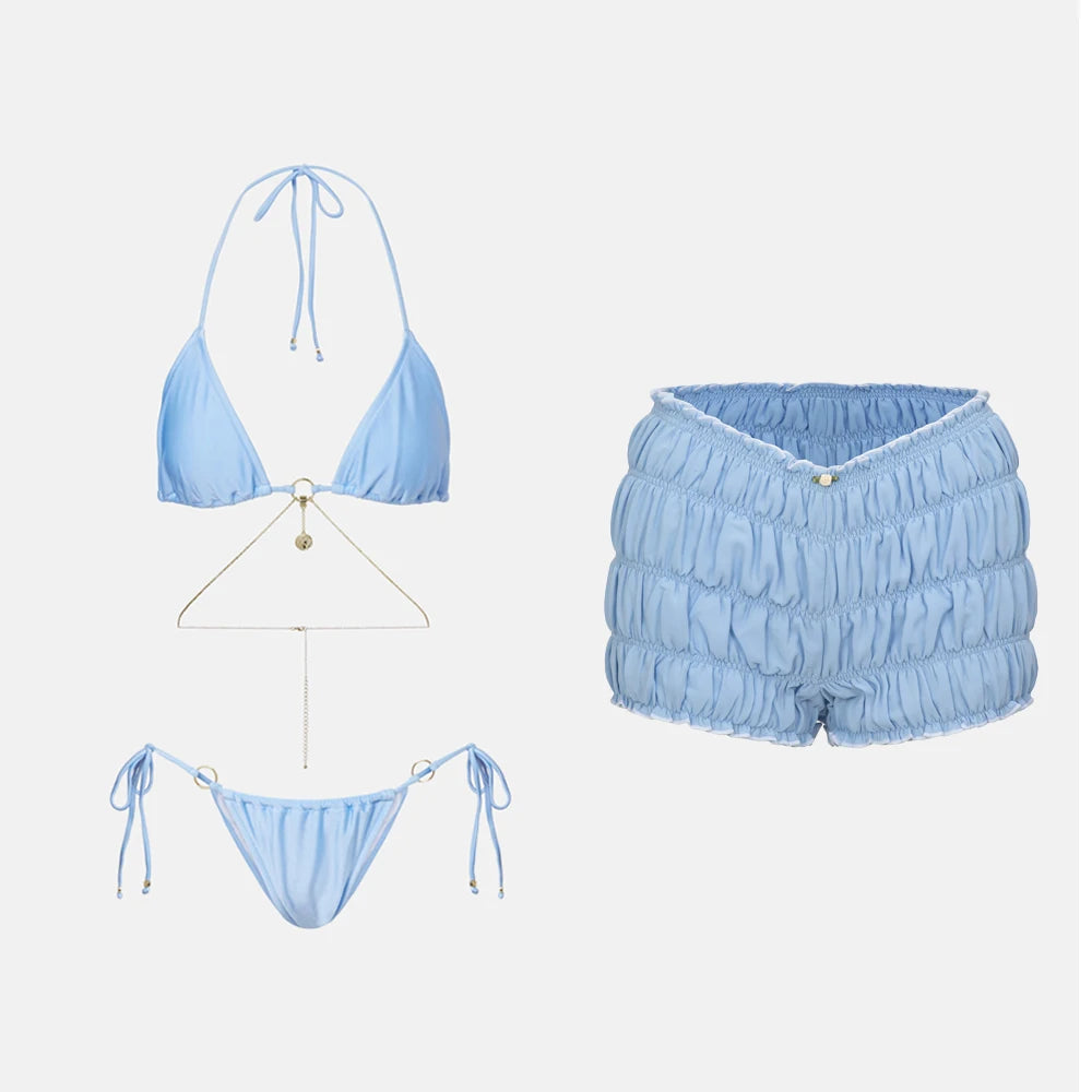 Ensemble bikini 3 pièces sexy avec paréo, bikini push-up échancré pour femme.