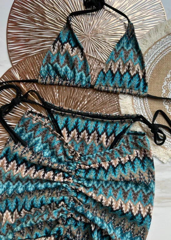 Maillot de bain femme, jupe bikini tricotée à motifs de feuilles d'érable colorées, ensemble trois pièces.