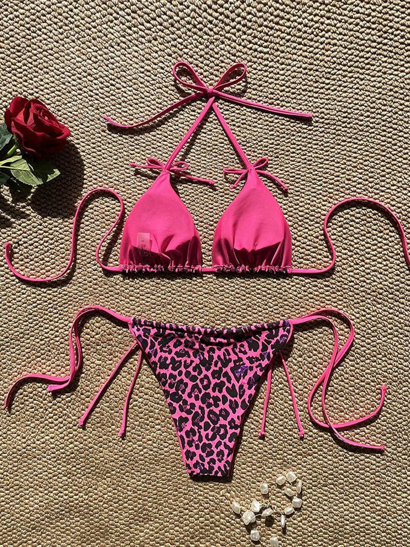 Maillot de bain bikini léopard sexy à bretelles push-up, ensemble bikini trois points, taille basse, maillot de bain d'été dos nu.