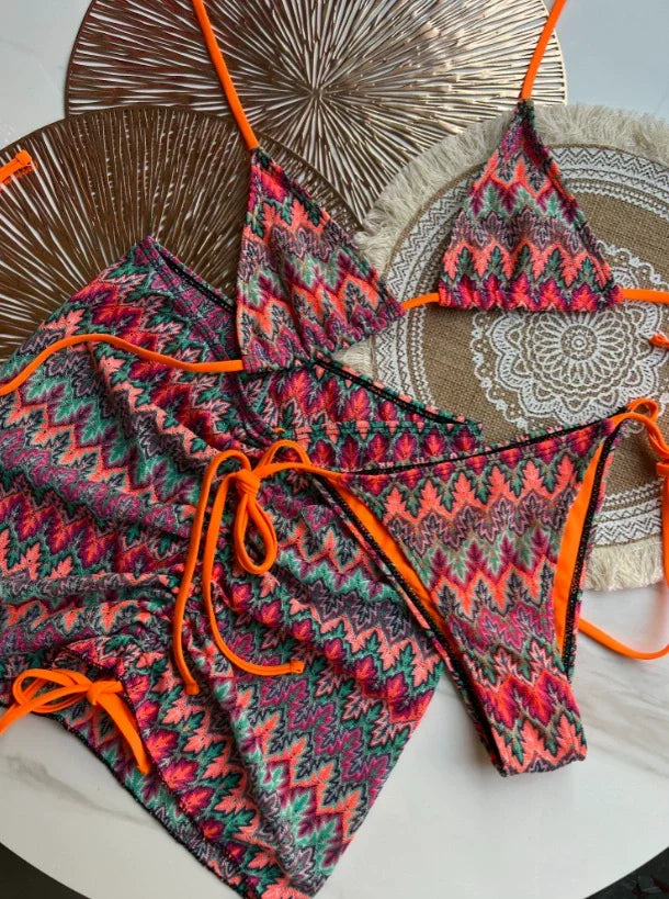 Maillot de bain femme, jupe bikini tricotée à motifs de feuilles d'érable colorées, ensemble trois pièces.