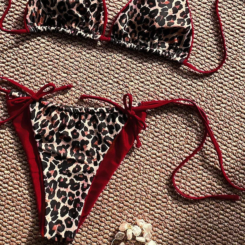 Maillot de bain bikini léopard sexy à bretelles push-up, ensemble bikini trois points, taille basse, maillot de bain d'été dos nu.