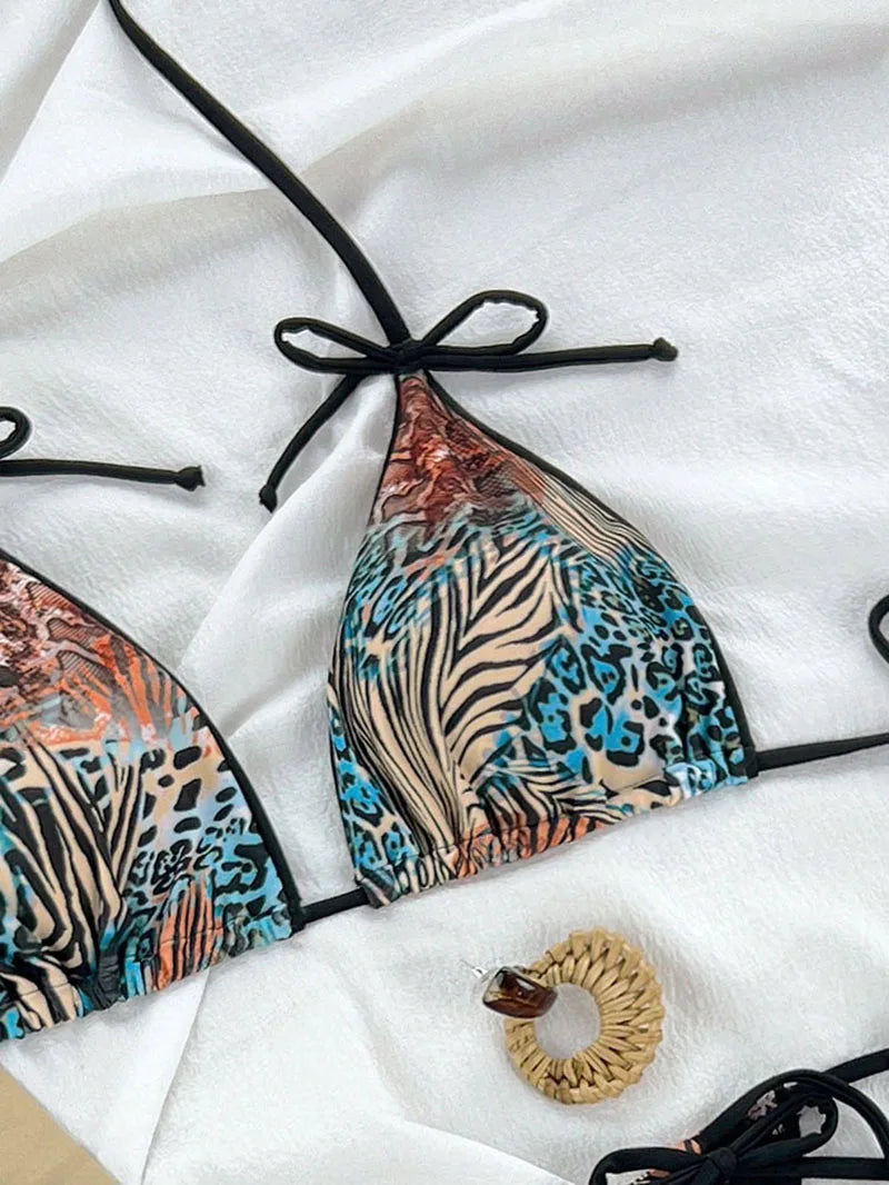 Maillot de bain bikini léopard sexy à bretelles push-up, ensemble bikini trois points, taille basse, maillot de bain d'été dos nu.