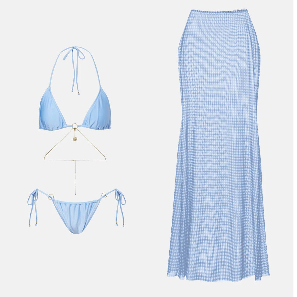Ensemble bikini 3 pièces sexy avec paréo, bikini push-up échancré pour femme.