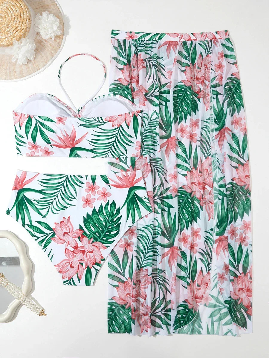 Bikini dos nu grande 2026, jupe longue, maillot de bain 3 pièces taille haute pour femme.