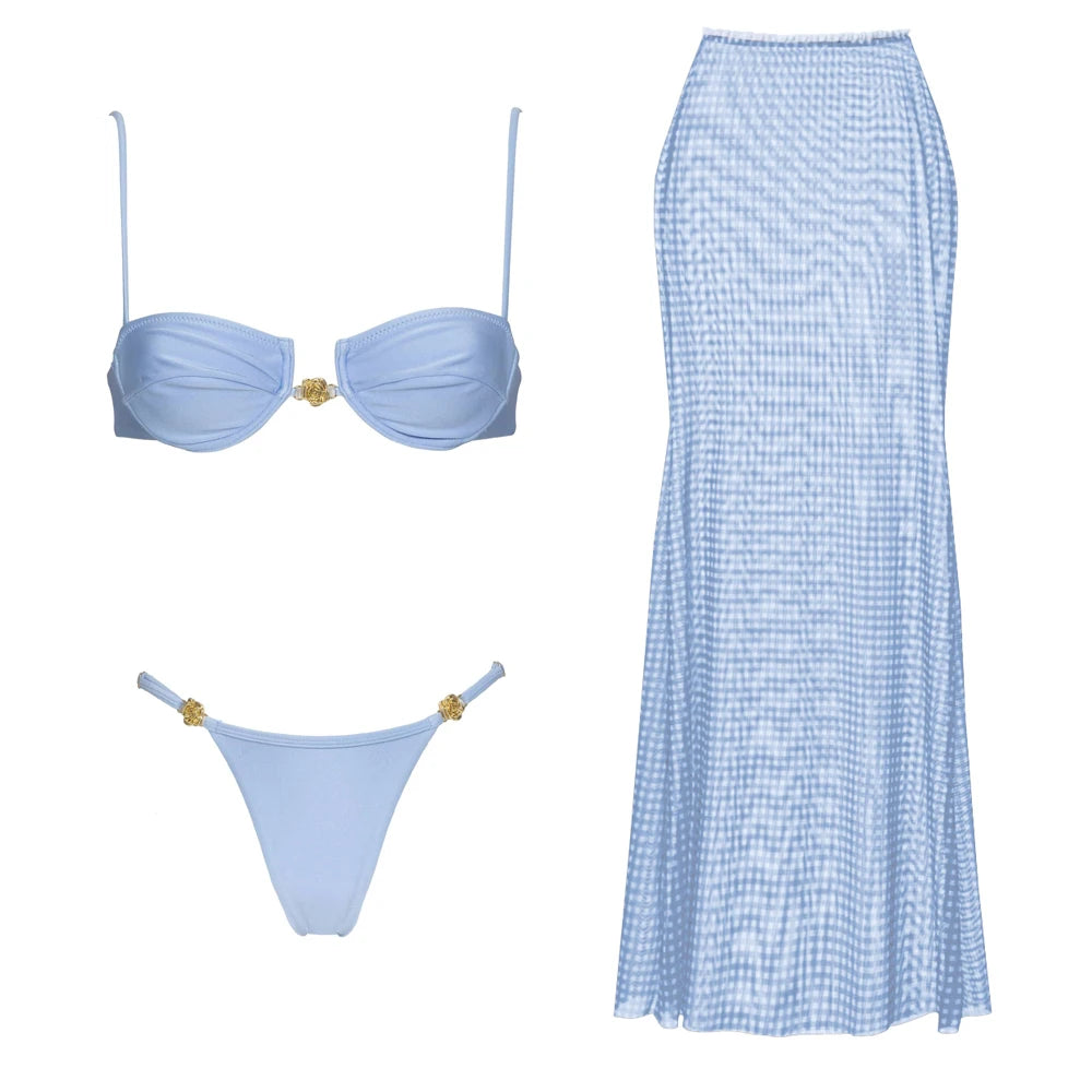 Ensemble bikini 3 pièces sexy avec paréo, bikini push-up échancré pour femme.