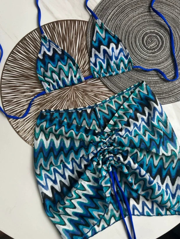 Maillot de bain femme, jupe bikini tricotée à motifs de feuilles d'érable colorées, ensemble trois pièces.