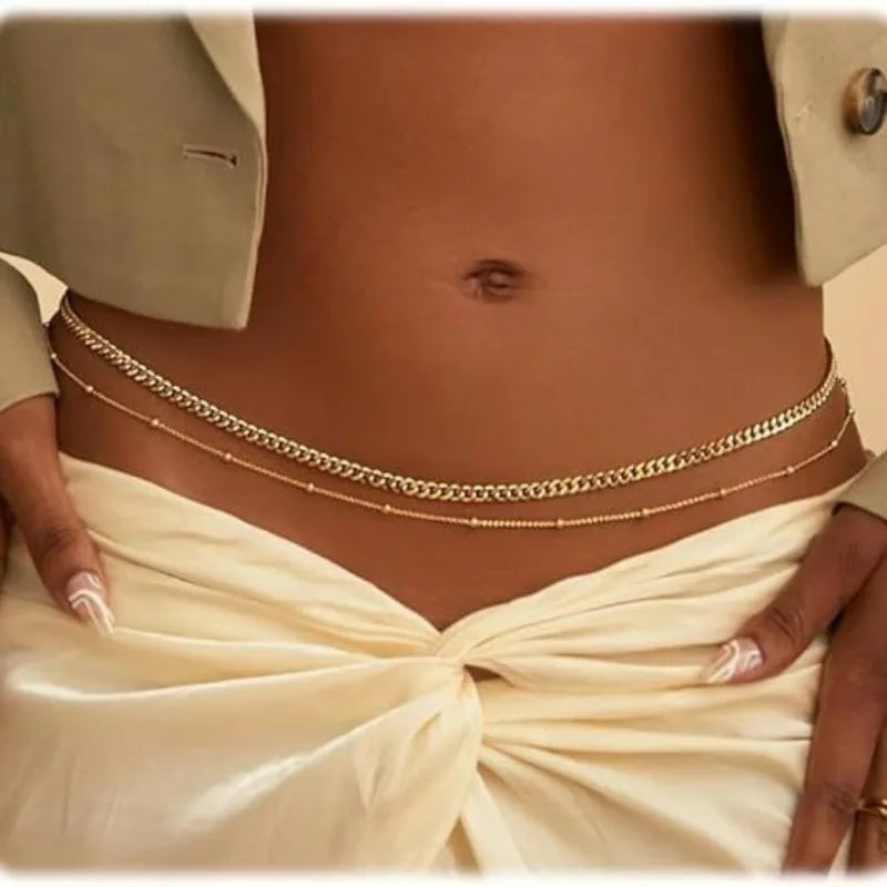 Chaînes de taille étanches pour femmes, plaquées or, en acier inoxydable, ornées de perles cubaines et de perles satellites. Bijou de corps pour ceinture abdominale.