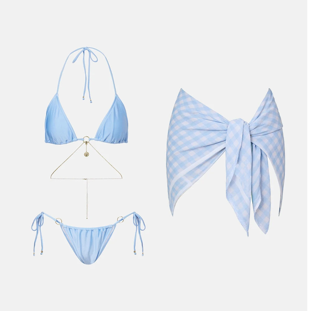 Ensemble bikini 3 pièces sexy avec paréo, bikini push-up échancré pour femme.