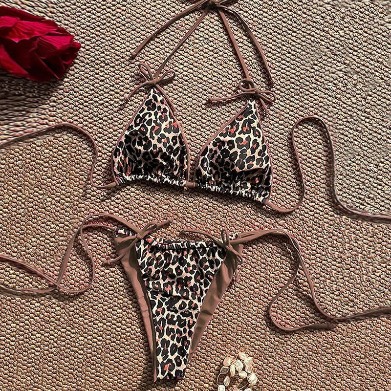 Maillot de bain bikini léopard sexy à bretelles push-up, ensemble bikini trois points, taille basse, maillot de bain d'été dos nu.