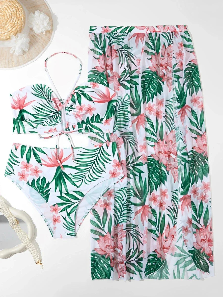 Bikini dos nu grande 2026, jupe longue, maillot de bain 3 pièces taille haute pour femme.